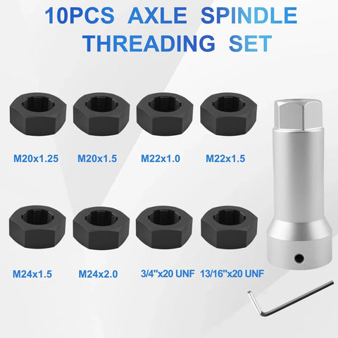 All-In-One Axle Thread Repair Kit For Spindles And Wheel Studs By Syizyen, 8 dies, extension bar, and Allen key displayed