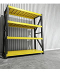 Heavy Duty Metal Garage Shelving Units That Are Built Tough For Warehouse And Home Use Height Adjustable Steel Storage Racks With Thick Beams Maxing Out Massive Loads Yellow, featuring four yellow shelves and a sturdy black frame.