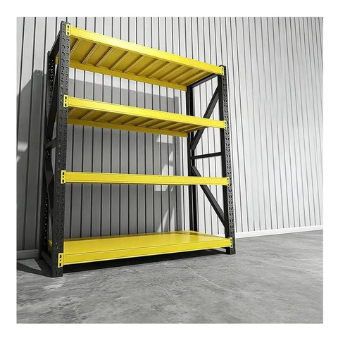 Heavy Duty Metal Garage Shelving Units That Are Built Tough For Warehouse And Home Use Height Adjustable Steel Storage Racks With Thick Beams Maxing Out Massive Loads Yellow, featuring four yellow shelves and a sturdy black frame.