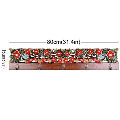 Handcrafted Wooden Wall Mounted Coat Rack Hook Multi Purpose Storage For Entryway Mudroom Bedroom with floral design, 80cm length.