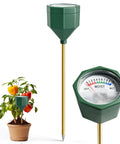 Olive green Soil Moisture Meter For Plants No Battery Required Hygrometer Sensor with root level readings next to a potted plant.