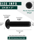 Rock Hard 1/4-20 X 1 Inch Button Head Security Screws Crafted From Premium 304 Stainless Steel With Grippy Black Pinned Torx Drive, size info displayed.