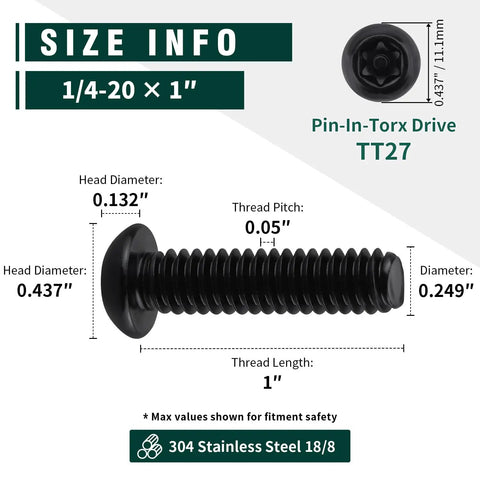 Rock Hard 1/4-20 X 1 Inch Button Head Security Screws Crafted From Premium 304 Stainless Steel With Grippy Black Pinned Torx Drive, size info displayed.