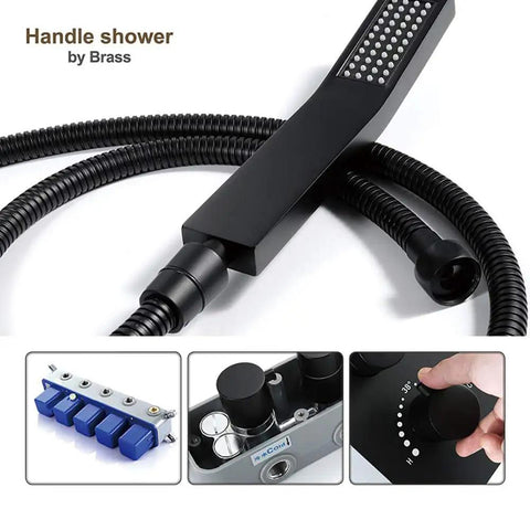 Easy Peasy Installation On This Wall Mounted Shower System Featuring High Pressure Rainfall Head And Sturdy Handheld Sprayer Paired With Slick Matte Black Fixtures For Instant Bathroom Glow Up - close-up of matte black handheld sprayer with flexible hose
