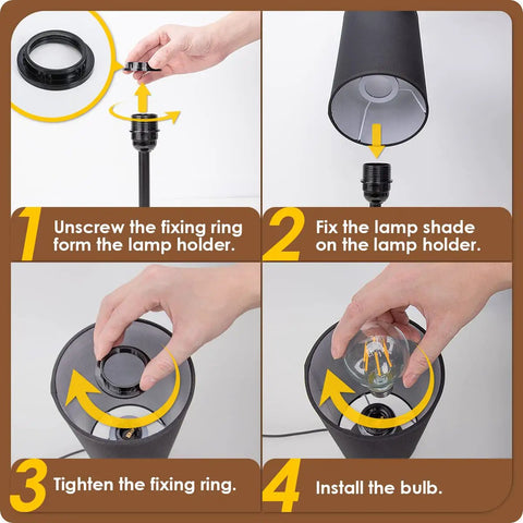 Installation steps for set of 2 bedside lamps with USB port, showing fixing lamp shade and inserting bulb into black round fabric shade