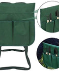 All In One Outdoor Garden Stool And Kneeler Foldable Bench With EVA Foam Pad for Comfort, shown with tool bag and pockets for garden tools.