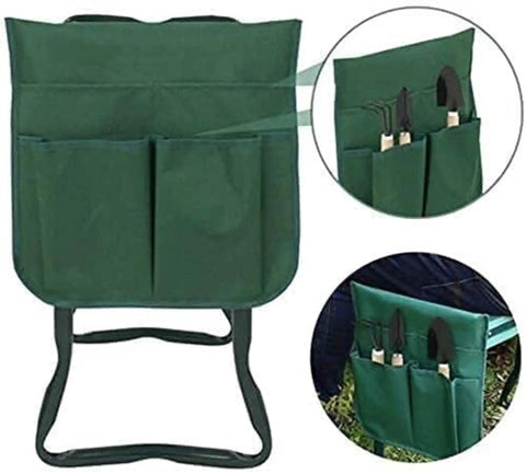 All In One Outdoor Garden Stool And Kneeler Foldable Bench With EVA Foam Pad for Comfort, shown with tool bag and pockets for garden tools.