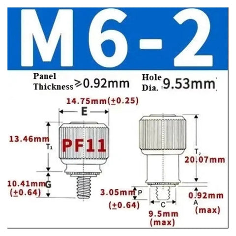 M6-2 Stainless Steel Captive Panel Screws Featuring Knurled Thumb Knobs and Spring Loaded Action dimensions and specifications