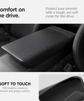 Center Console Armrest Cover For Tesla Model Y Juniper And Model 3 Highland, black TPE, installed view inside car, soft texture
