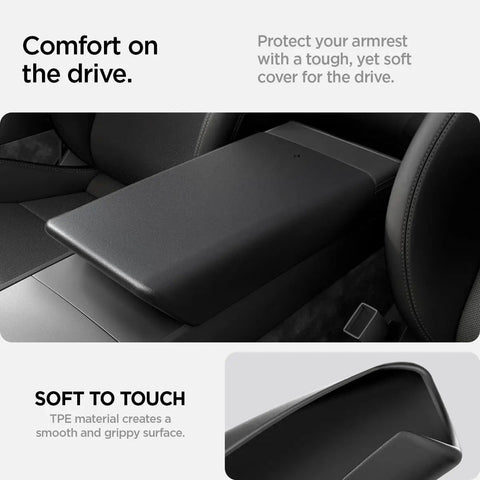 Center Console Armrest Cover For Tesla Model Y Juniper And Model 3 Highland, black TPE, installed view inside car, soft texture