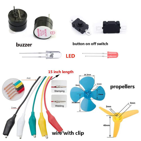 Components of Fun Physics Science Kit With Windmill, Hand Cranked Generator And Solar Power, including LED, buzzers, and propellers.