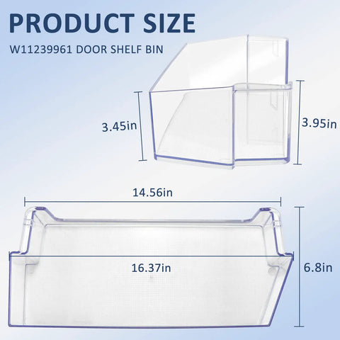 Dimensions of W11239961 Refrigerator Door Shelf Bin Replacement for WRS325SDH, WRS311SDH shown with height and width measurements.