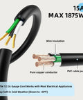 Cross-section of 50 Ft Outdoor Extension Cord 12 Gauge 3 Conductor SJTW Heavy Duty Black Cable With 3 Prong Grounded Plug