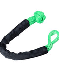 Four Pack Heavy Duty Green Synthetic Soft Shackle Ropes With 38000 Lbs Breaking Strength And 15000 Lbs WLL Plus Two Blue Aluminum Snatch Recovery Rings For Trailer Truck Snow Plow And Tree Straps Three Eighths And One Half Inch Winch Ropes close-up of green shackle