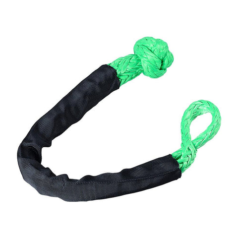 Four Pack Heavy Duty Green Synthetic Soft Shackle Ropes With 38000 Lbs Breaking Strength And 15000 Lbs WLL Plus Two Blue Aluminum Snatch Recovery Rings For Trailer Truck Snow Plow And Tree Straps Three Eighths And One Half Inch Winch Ropes close-up of green shackle