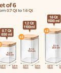 Six Pack Airtight Glass Storage Canisters With Square Lids Set For Flour Cereal Sugar Tea Coffee Beans Snacks Pantry Organization Kitchen Jars 0.7 Qt 1.2 Qt 1.6 Qt image showing three different sizes with measurements.