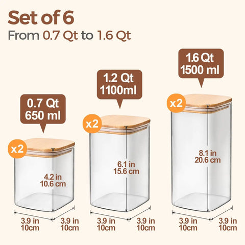 Six Pack Airtight Glass Storage Canisters With Square Lids Set For Flour Cereal Sugar Tea Coffee Beans Snacks Pantry Organization Kitchen Jars 0.7 Qt 1.2 Qt 1.6 Qt image showing three different sizes with measurements.