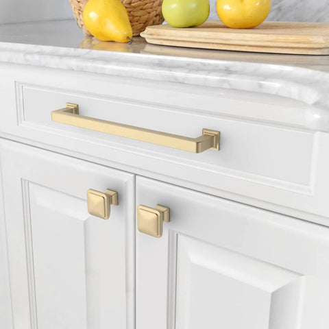 Brushed Brass Cabinet Pulls 7 Inch Hole Centers 10 Pack Modern Kitchen Cabinet Handles Cupboard Drawer Pulls DIY Friendly Easy Install Hardware For Cabinets Vanity And Home Makeover shown on white cabinet doors.