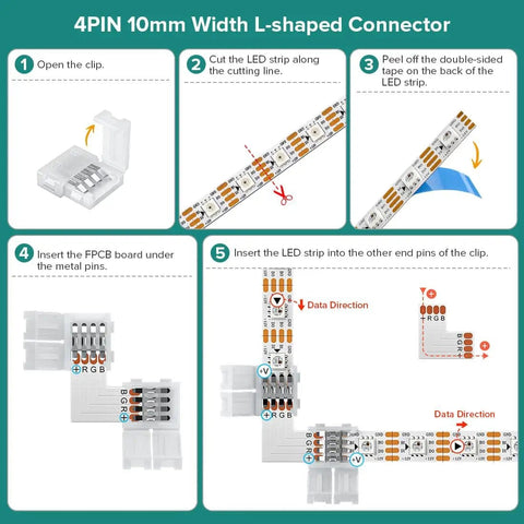 Diagram showing how to use 4 Pin 10mm SMD LED Connector Kit With L Splitter And Right Angle T Shape Solderless Gapless Connectors.