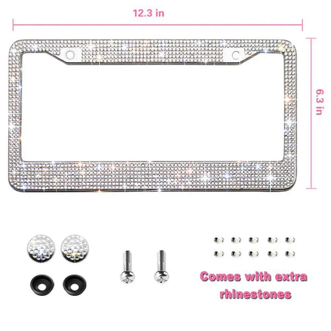 Sparkly Bling License Plate Frame For Women, Stainless Steel With 14 Facet Clear Crystal Rhinestones, shown with accessories
