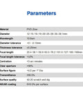 CNCOLETECH 20mm CO2 laser lens parameters table: PVD ZnSe, diameters 12–38mm, 10.6µm, focal lengths, tolerances, AR coating.