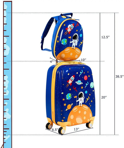 Two Piece Kids Luggage Set With 12 Inch Backpack And 18 Inch Rolling Suitcase In Blue Astronaut Design Lightweight Durable ABS Hardshell Kid Friendly Carry On Travel Gear For Boys And Girls