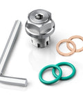 Stainless steel oversize oil drain plug with hex head, M14.1-1.5 x15mm; includes copper washers, green O-rings, and Allen key.