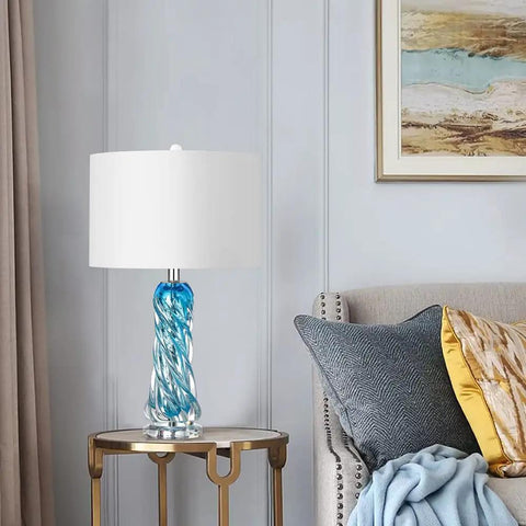 Dope Blue Glass Desk Lamp, 26 Inch Tall With Handcrafted Spiral Body on side table in living room setting