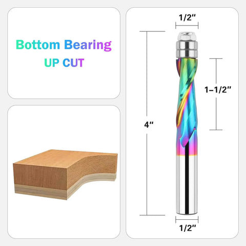 Upcut Spiral Flush Trim Router Bit 1/2 Inch Shank 1-1/2 Inch Cutting Length Solid Carbide TAC Coated for woodworking on CNC routers.