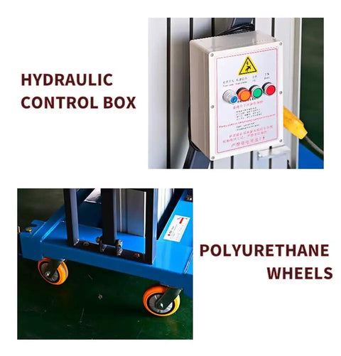 Built Tough Mobile Aerial Work Platform With 19 Foot Lift Height And 440 Lb Capacity showing hydraulic control box and polyurethane wheels.