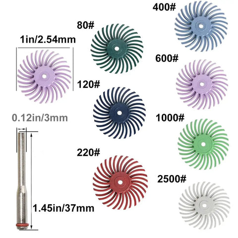 Rotary Tool Brush Disc Kit 1 Inch 35 Pcs With 3mm Shanks 7 Grits Ranging 80 to 2500 Color Coded Discs For Polishing and Deburring