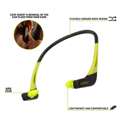 Wave Banded Ear Plugs With Flexible Neckband For Easy Access Gray Yellow Noise Reduction To 22dB Solid Hearing Protection