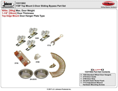 Sliding Bypass Door Hardware Kit 118F For 72 Inch Two Door System with aluminum track and standard wheel hanger components displayed