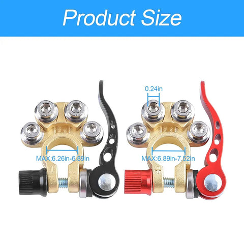 2 Pack 4 Way Quick Release Car Battery Terminal Connectors for Heavy Duty Wiring, Corrosion Resistant Brass and Steel, Four Port Design for Easy Cable Hooks and Fast, Reliable Power Delivery, product size shown