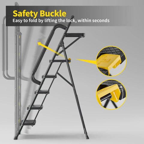 Sturdy 5 Step Steel Ladder With Anti Slip Wide Pedals Handrail And Safe Lock Design 800 Lb Capacity Folding Portable Step Stool safety buckle
