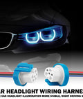Rock Solid Ceramic Headlight Wiring Harness Connector Adapter For 9007 9004 Hb1 Hb5 Bulbs, close-up view with car headlights in background.