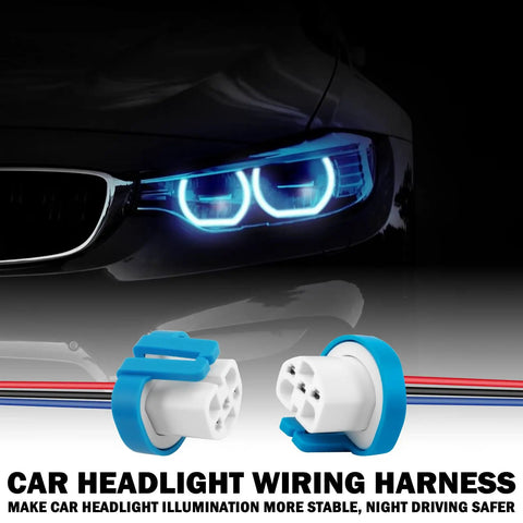 Rock Solid Ceramic Headlight Wiring Harness Connector Adapter For 9007 9004 Hb1 Hb5 Bulbs, close-up view with car headlights in background.