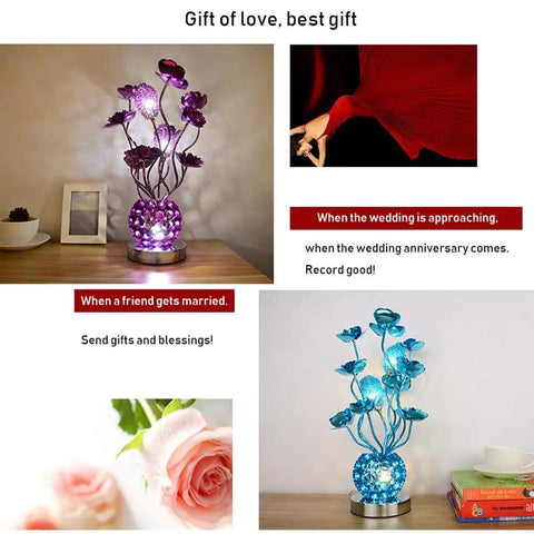 Vase Table Lamp With Modern Decor, Aluminum Flower Lights, G4 LED Bulbs 3x5W, 3000K Warm Glow, Brushed Chrome Base, Nightstand Desk Lamp For Living Room Or Bedroom, Purple Finish, Chic And Lit Accent Light