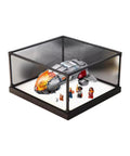 Durable Acrylic Display Case For 76232 Airships Model Set, dustproof transparent box with figures and model inside, thick base, white background.