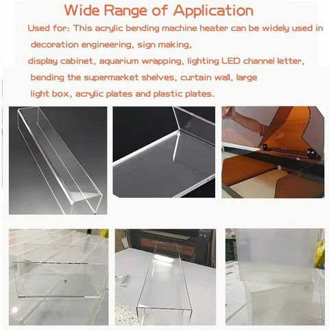 Solid Water Cooled Acrylic Bender For Plastic Sheets Packed With Smart Temp Gauges And Dual Heating Tubes For Legit Sign Crafting and Fly Custom Fabrication Jobs Right In Your Garage, showing various clear acrylic shapes.