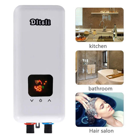 240V 5.5KW 4.5KW 3.5KW On-Demand Tankless Electric Water Heater with Three Power Levels and LCD Display for bathroom, kitchen, RV.