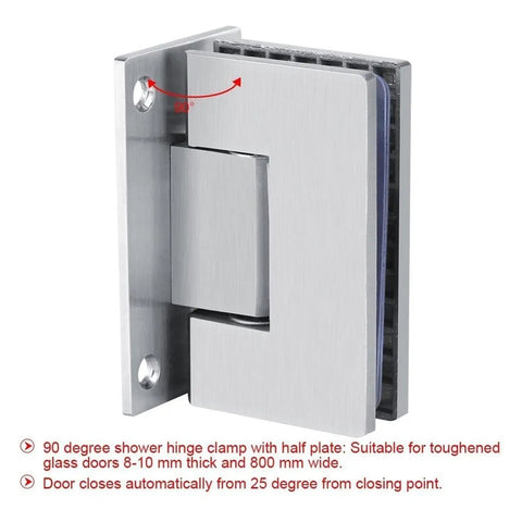 Soft Close Stainless Steel Shower Door Hinges Two Pack For Frameless Glass 8 To 10 mm 180 Degree Clamp Mount shown in open position