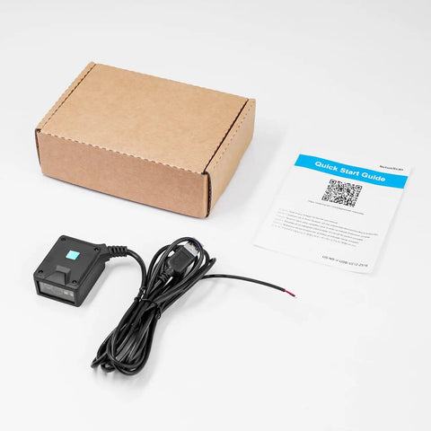 Workhorse Fixed Barcode Scanner With 4 In 1 Scanning Modes USB Interface 1D 2D QR Reader with packaging and quick start guide