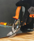 Left-Cutting Offset Tin Snips For Sheet Metal cutting metal, featuring Aviation Snips With Beefy Forged Blades in action.