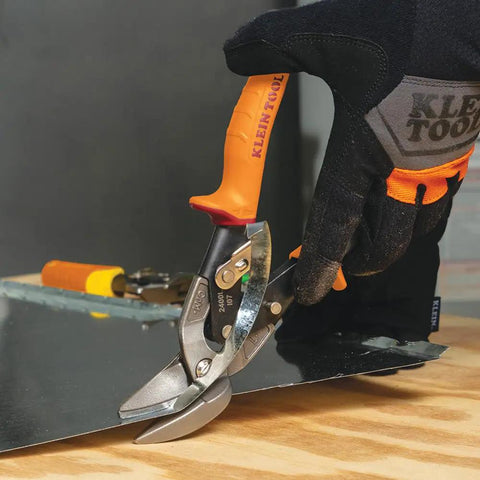 Left-Cutting Offset Tin Snips For Sheet Metal cutting metal, featuring Aviation Snips With Beefy Forged Blades in action.