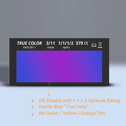 Auto Darkening Welding Lens For Helmet With HD True Color Optics 2x4.25 Inch Shade 3 And 11, showing front view of lens display.