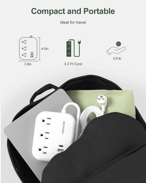 US To Europe Travel Plug Adapter With USB C And Three USB Ports Three Outlets Three Foot Cord White in travel bag.