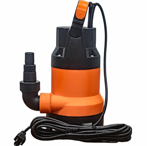 Professional Grade 0.5HP Submersible Water Pump With Automatic Float Switch 110V, compact design with hose outlet and power cord.