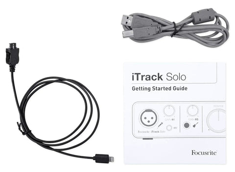 Cables and manual for USB Audio Interface for Mac, PC, and iPad With XLR Mic Preamps, 48V Phantom Power, Guitar Input, Plug And Play Recording