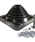 Pro Grade Heavy Duty Four Inch Metal Roof Pipe Boot Featuring Flexible Silicone Flashing Base For Corrugated Steel Roofs with screws.